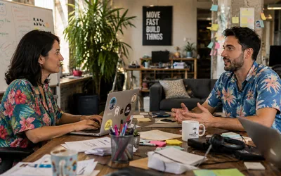 Two colleagues in conversation across a cluttered desk in a startup office, one gesturing while explaining and the other listening at a laptop with a whiteboard of quarterly goals behind them