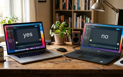 Two laptops on a wooden desk, one displaying 'yes' and the other displaying 'no' on their screens
